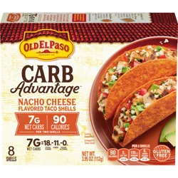 Old El Paso Carb Advantage Taco Shells, Nacho Cheese Flavored, 7g Net Carbs, 90 Calories, Gluten Free Crunchy Taco Shells, 8 Count, 3.95 oz