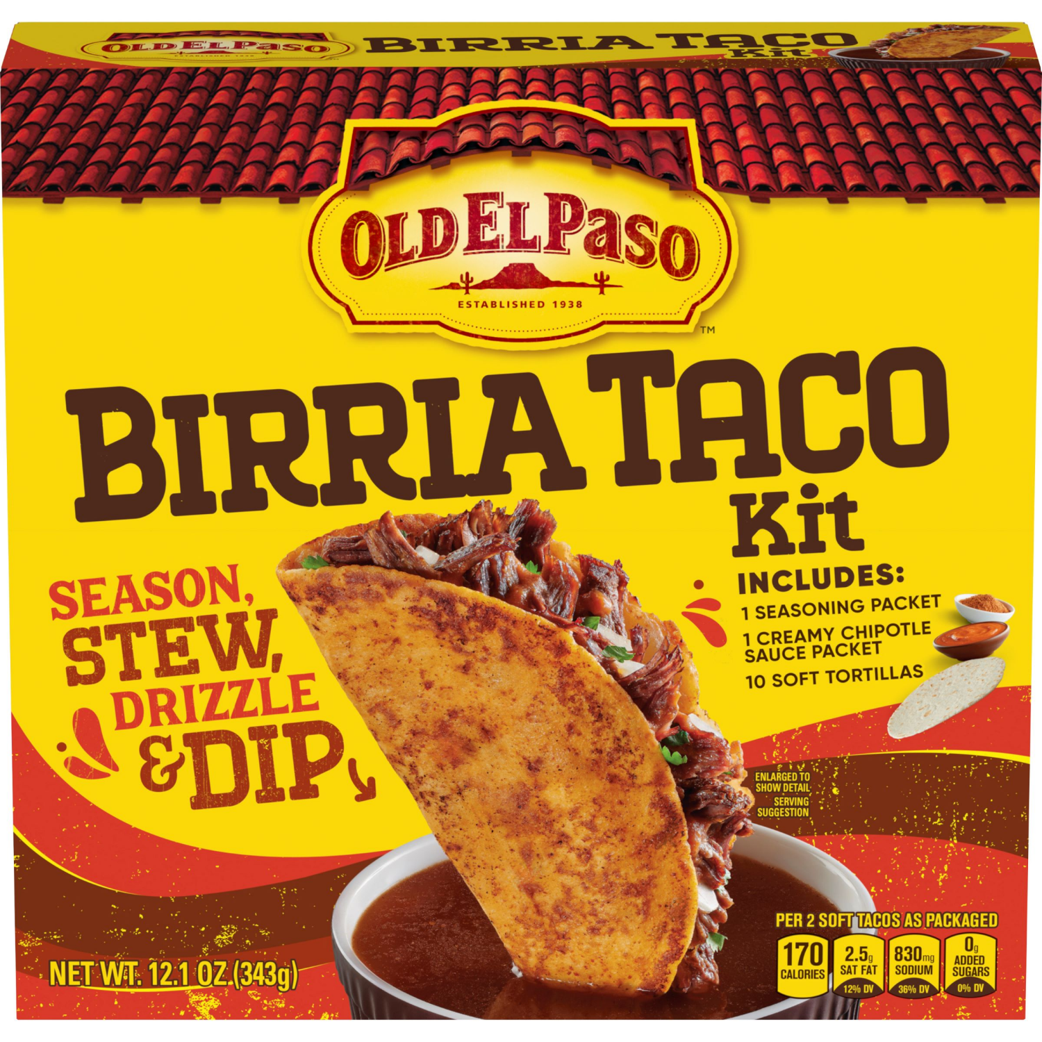 slide 1 of 3, Old El Paso Birria Taco Kit with Seasoning, Sauce and Soft Tortillas, Easy Meal Prep, Makes 10 Tacos, 12.1 oz, 12.1 oz