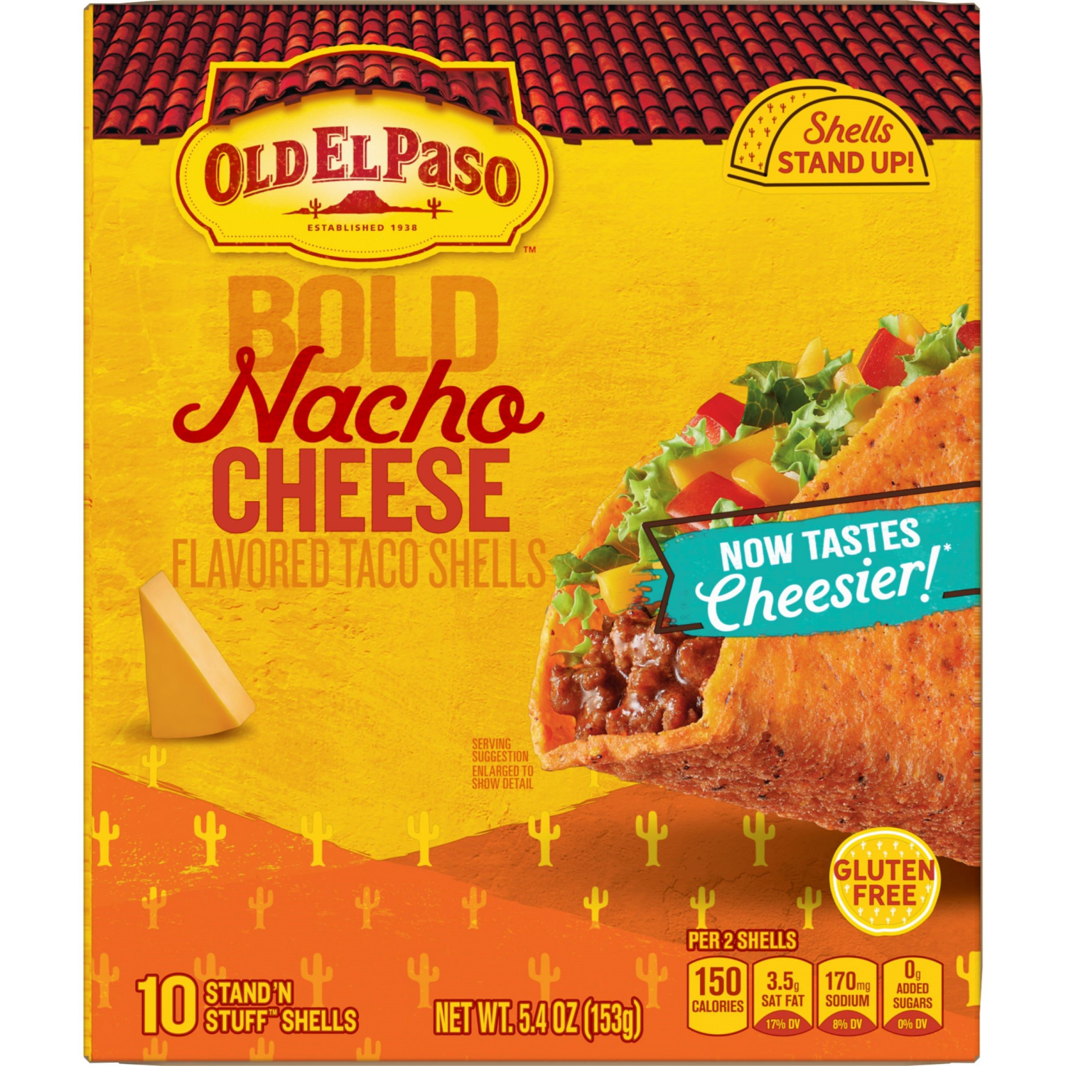 slide 2 of 5, Old El Paso Stand 'N Stuff Bold Nacho Cheese Flavored Taco Shells, Gluten Free, 10 Ct, 5.4 oz, 10 ct