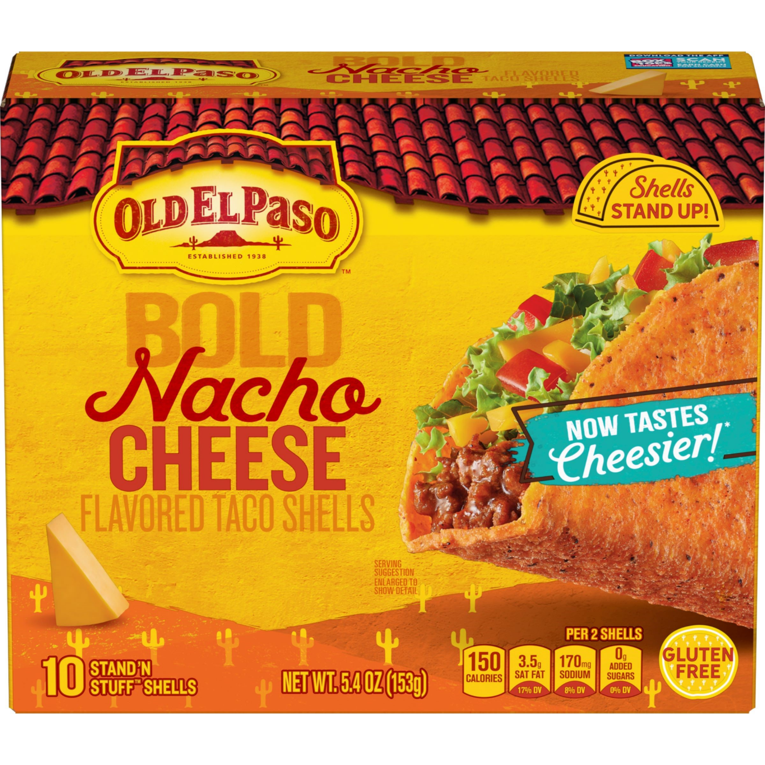 slide 1 of 5, Old El Paso Stand 'N Stuff Bold Nacho Cheese Flavored Taco Shells, Gluten Free, 10 Ct, 5.4 oz, 10 ct