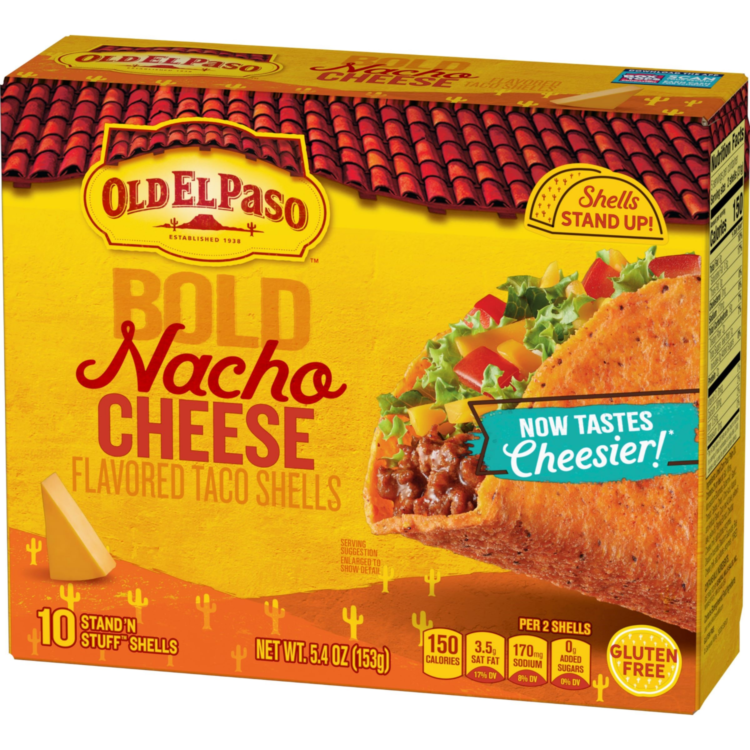 slide 5 of 5, Old El Paso Stand 'N Stuff Bold Nacho Cheese Flavored Taco Shells, Gluten Free, 10 Ct, 5.4 oz, 10 ct