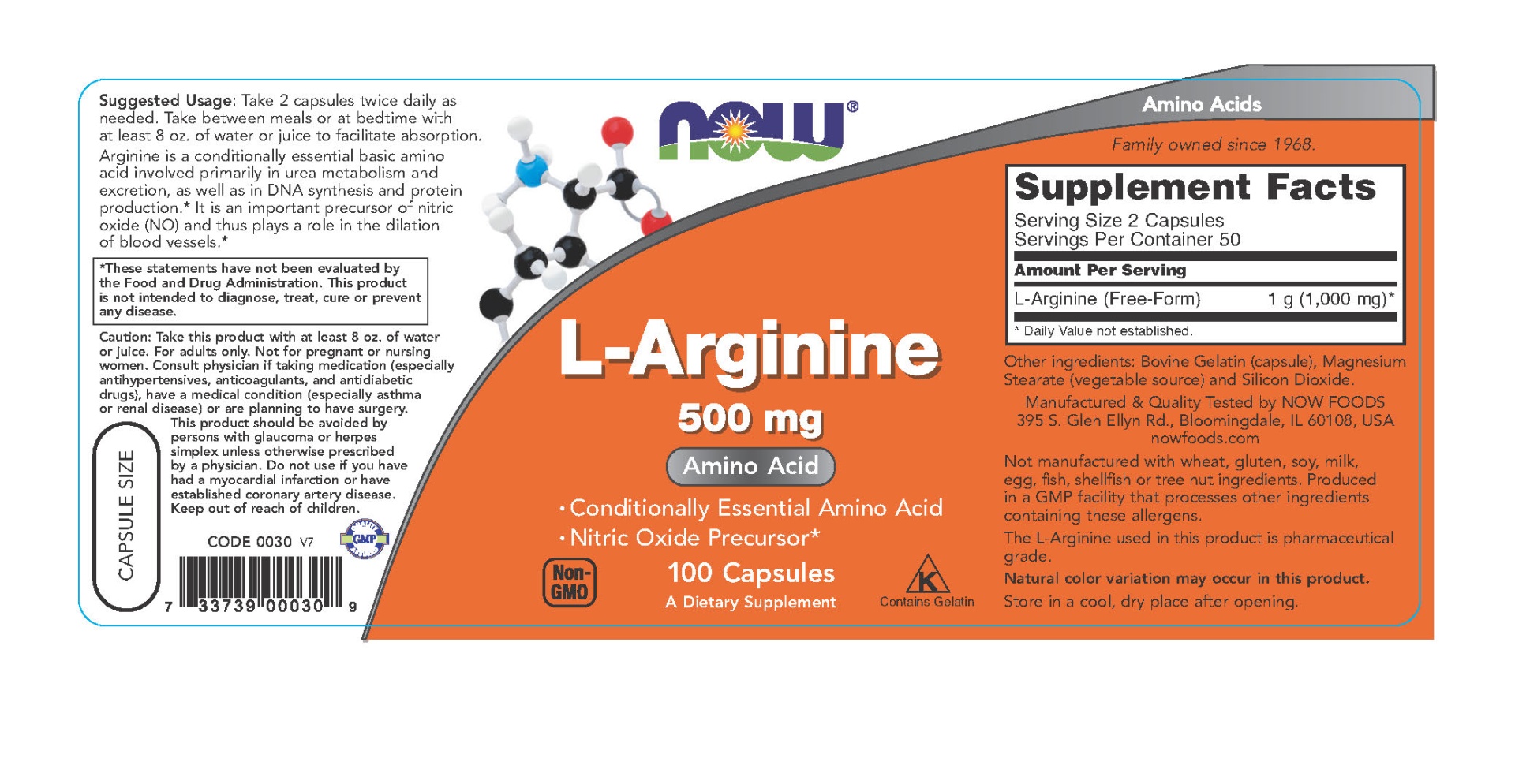 slide 2 of 2, NOW L-Arginine 500 mg - 100 Veg Capsules, 100 ct