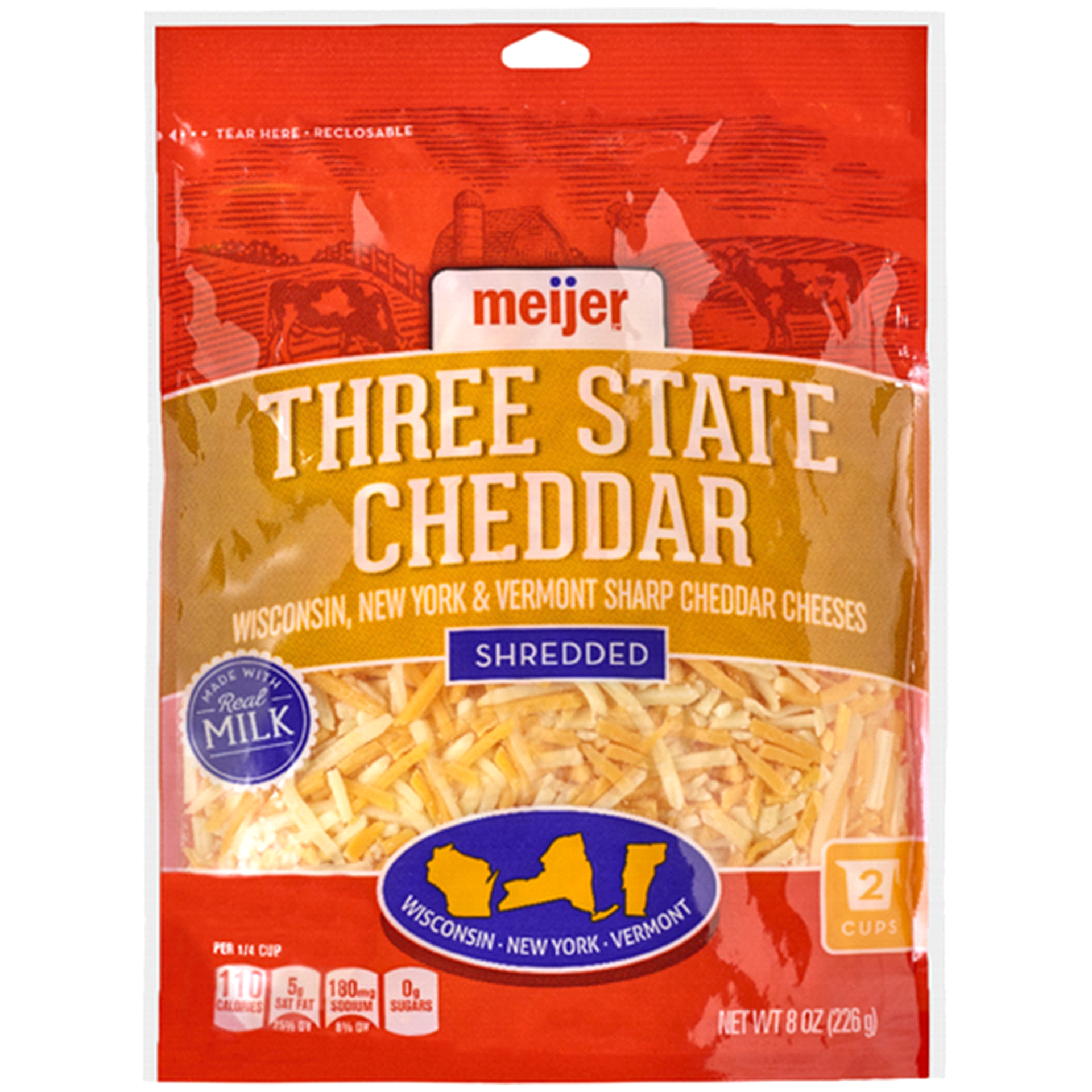 slide 1 of 1, Meijer Shredded 3-State Sharp Cheddar Cheese, 8 oz