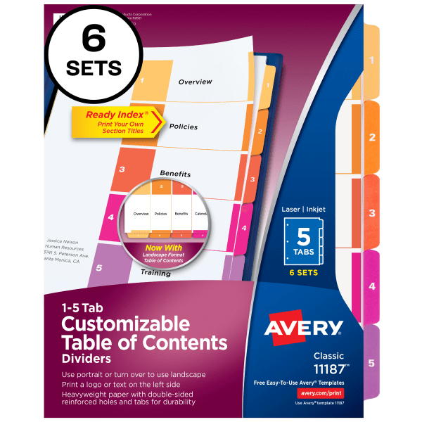 slide 1 of 10, Avery Ready Index 20% Recycled Table Of Contents Dividers, 1-5 Tab, Multicolor, 6 ct