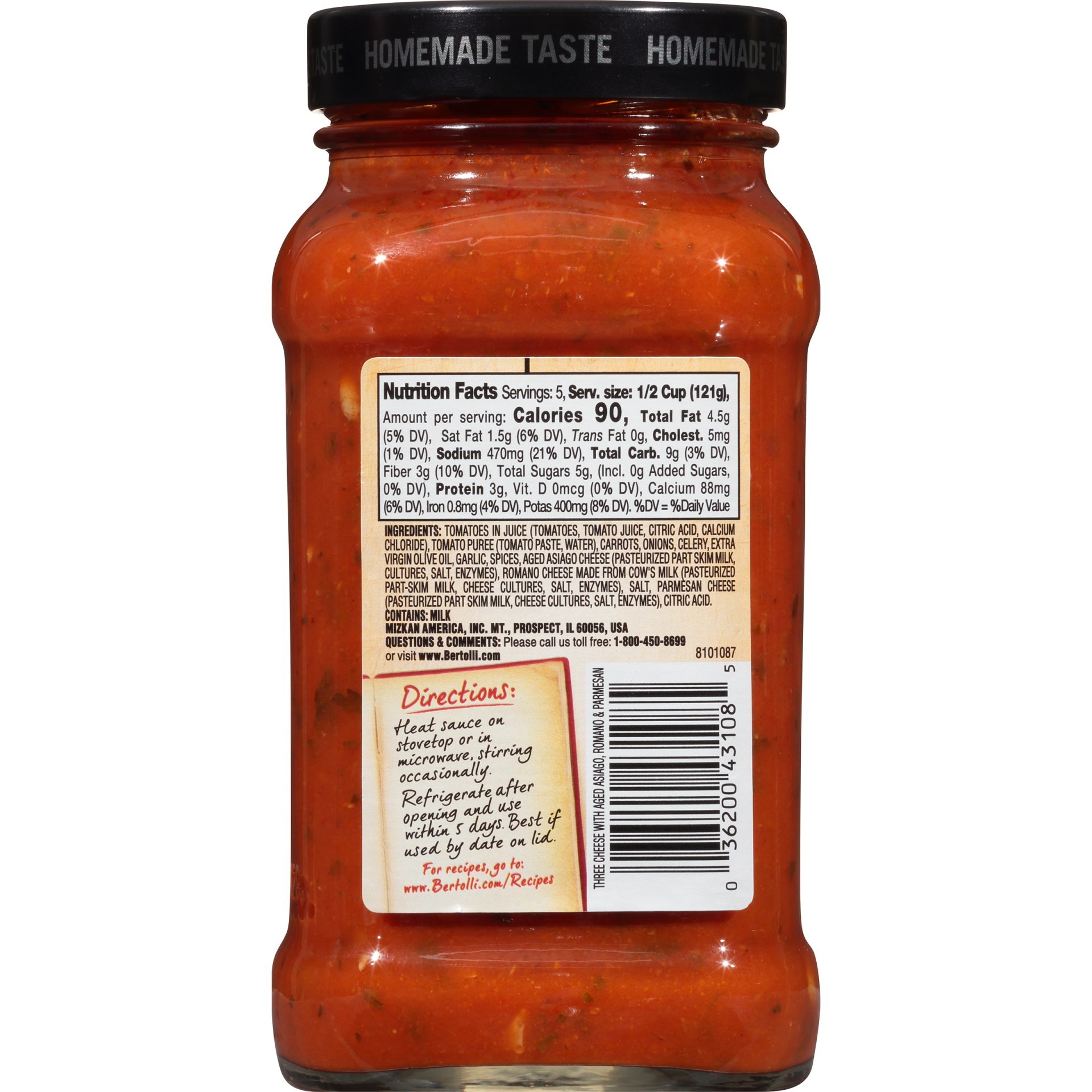 slide 4 of 6, Bertolli Rustic Cut Three Cheese Pasta Sauce with Hearty Vegetables, 23 oz