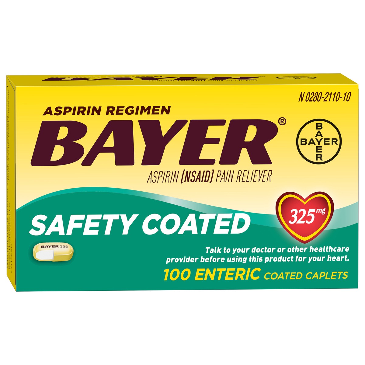 slide 4 of 6, Bayer Aspirin Pain Reliever Enteric Coated Caplets 325mg, 100 ct