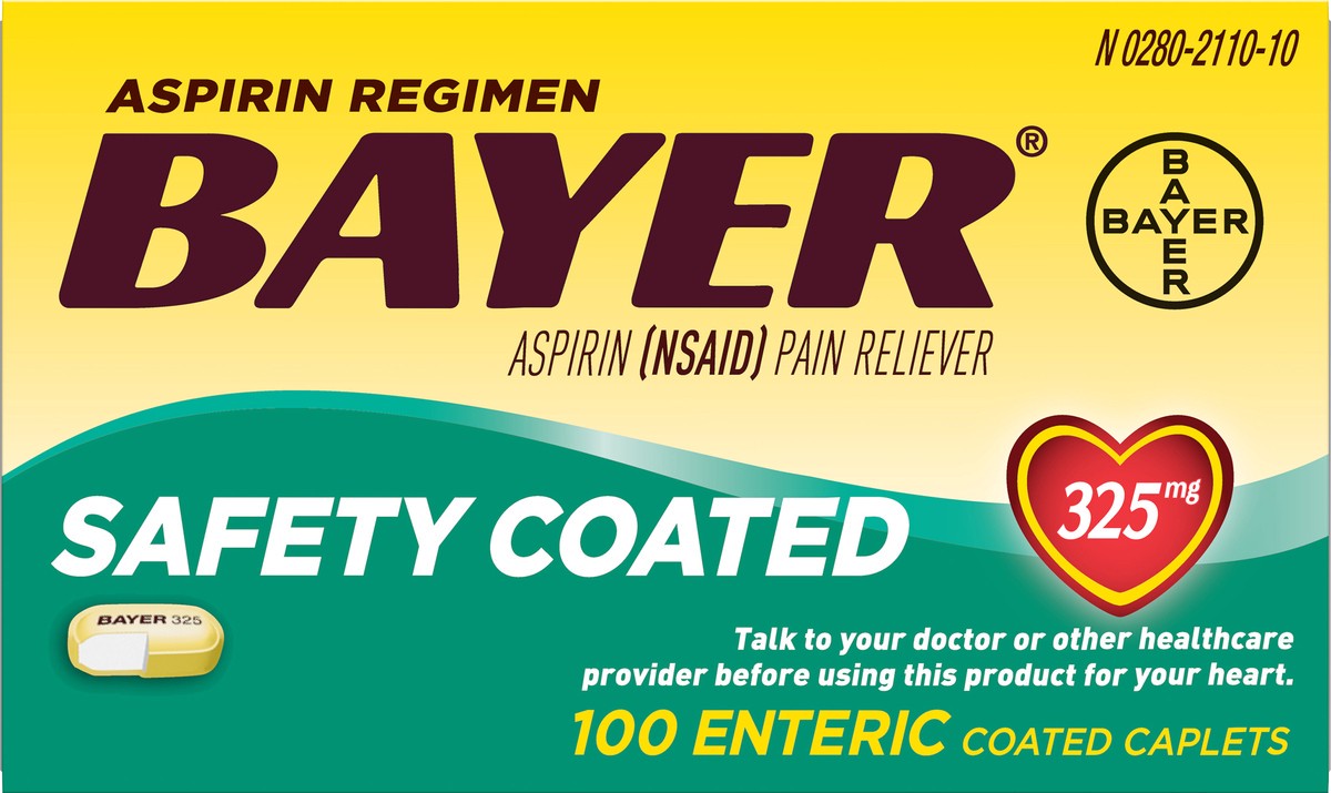 slide 6 of 6, Bayer Aspirin Pain Reliever Enteric Coated Caplets 325mg, 100 ct