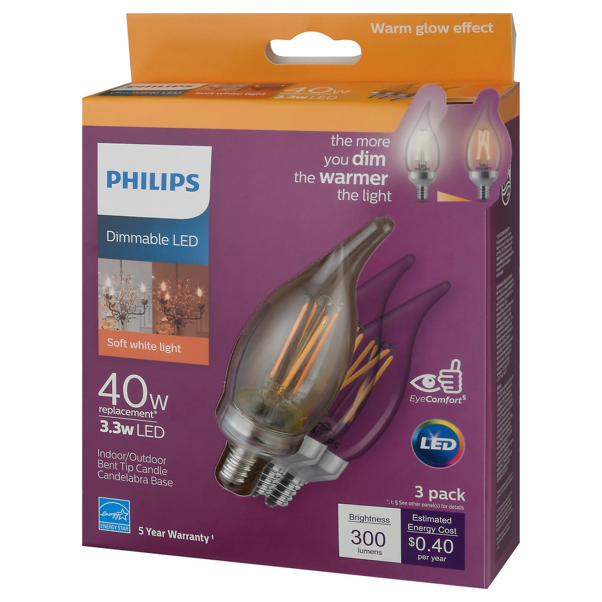 slide 8 of 8, Philips 33Watt 40Watt Candelabra Base Bent Tip Candle Led Light Bulbs, 3 ct