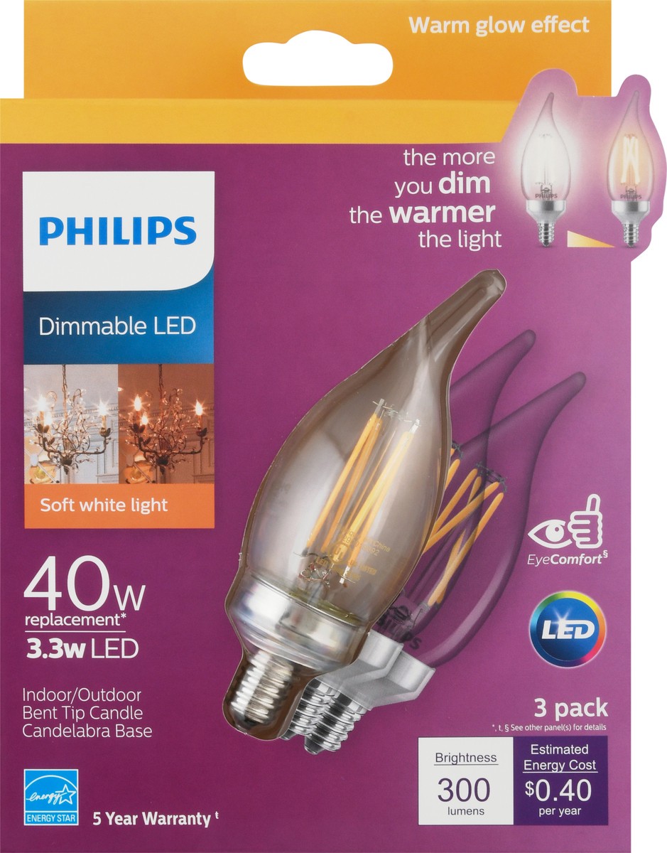 slide 3 of 8, Philips 33Watt 40Watt Candelabra Base Bent Tip Candle Led Light Bulbs, 3 ct