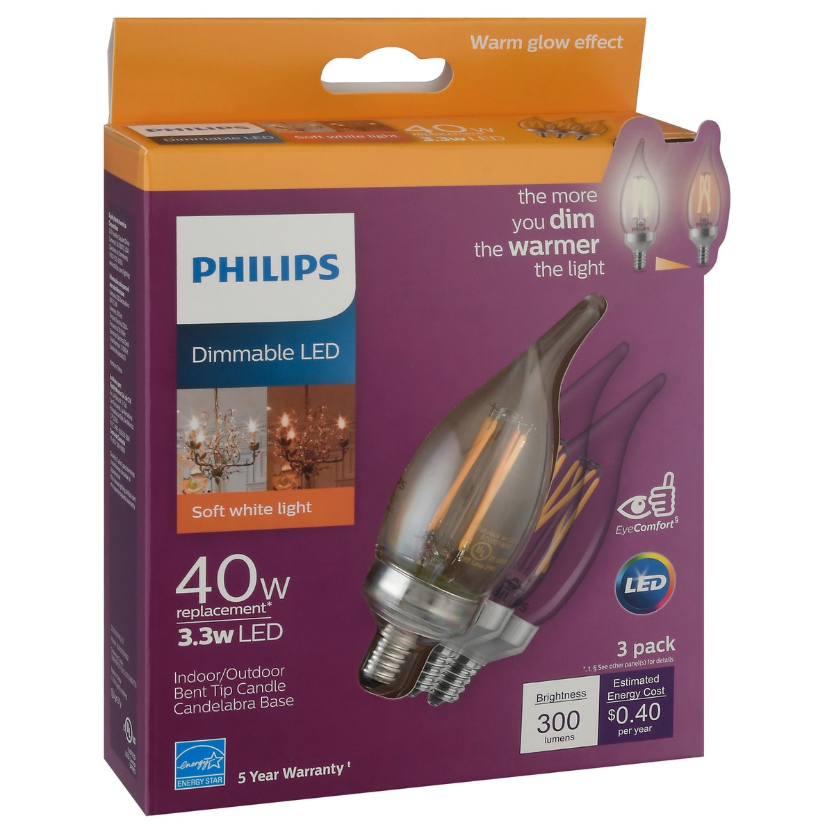 slide 7 of 8, Philips 33Watt 40Watt Candelabra Base Bent Tip Candle Led Light Bulbs, 3 ct