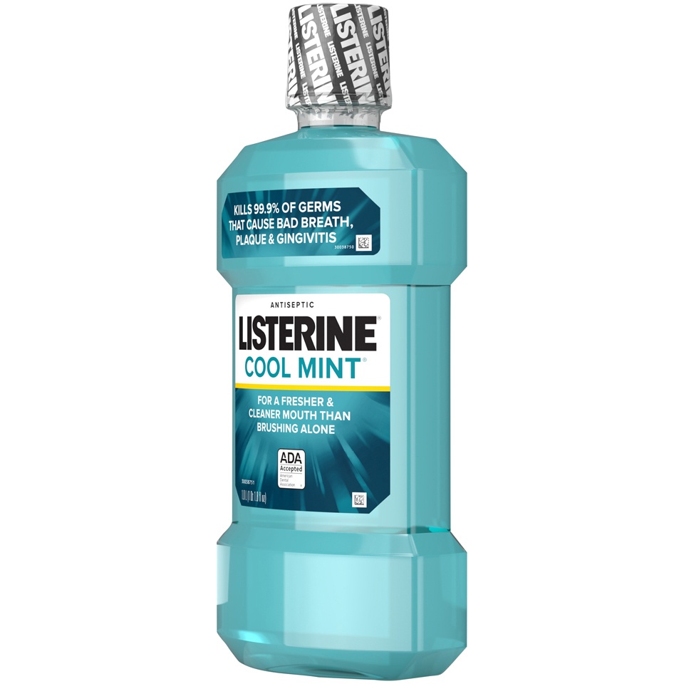 slide 3 of 6, Listerine Antiseptic Mouthwash for Bad Breath and Plaque Cool Mint - 1L, 33.8 fl oz