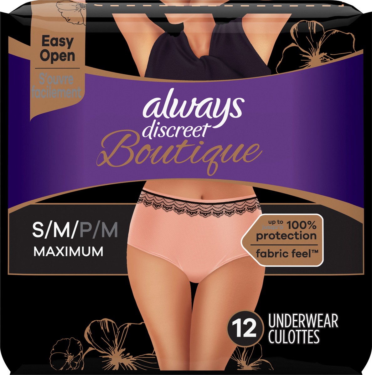 slide 5 of 7, Always Discreet Boutique Incontinence and Postpartum Underwear for Women, Maximum Protection, S/M, Rosy, 12 Count, 12 ct