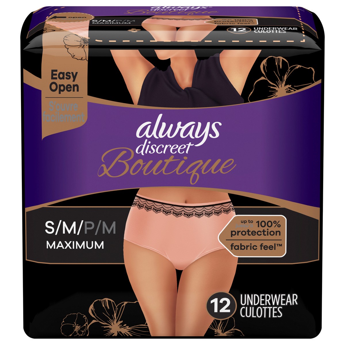 slide 6 of 7, Always Discreet Boutique Incontinence and Postpartum Underwear for Women, Maximum Protection, S/M, Rosy, 12 Count, 12 ct