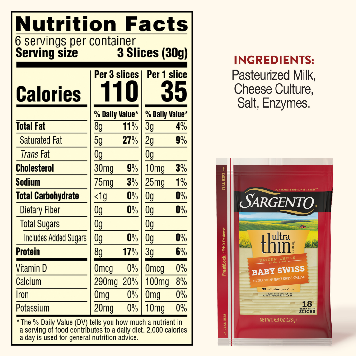 slide 8 of 8, Sargento Baby Swiss Natural Cheese Ultra Thin Slices, 18 slices, 18 ct
