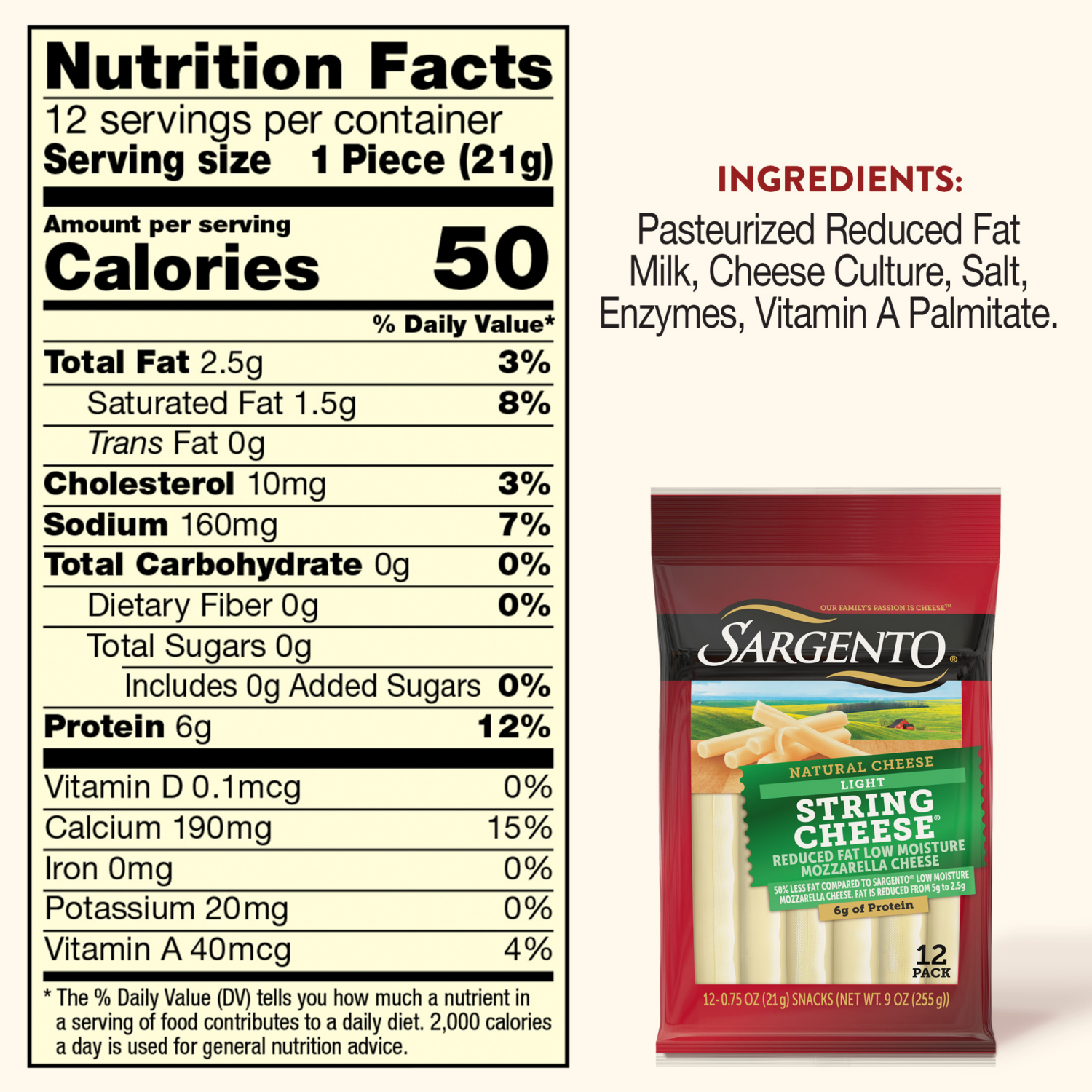slide 2 of 5, Sargento Reduced Fat Low Moisture Part-Skim Mozzarella Natural Cheese Light String Cheese Snacks, 12-Count, 12 ct