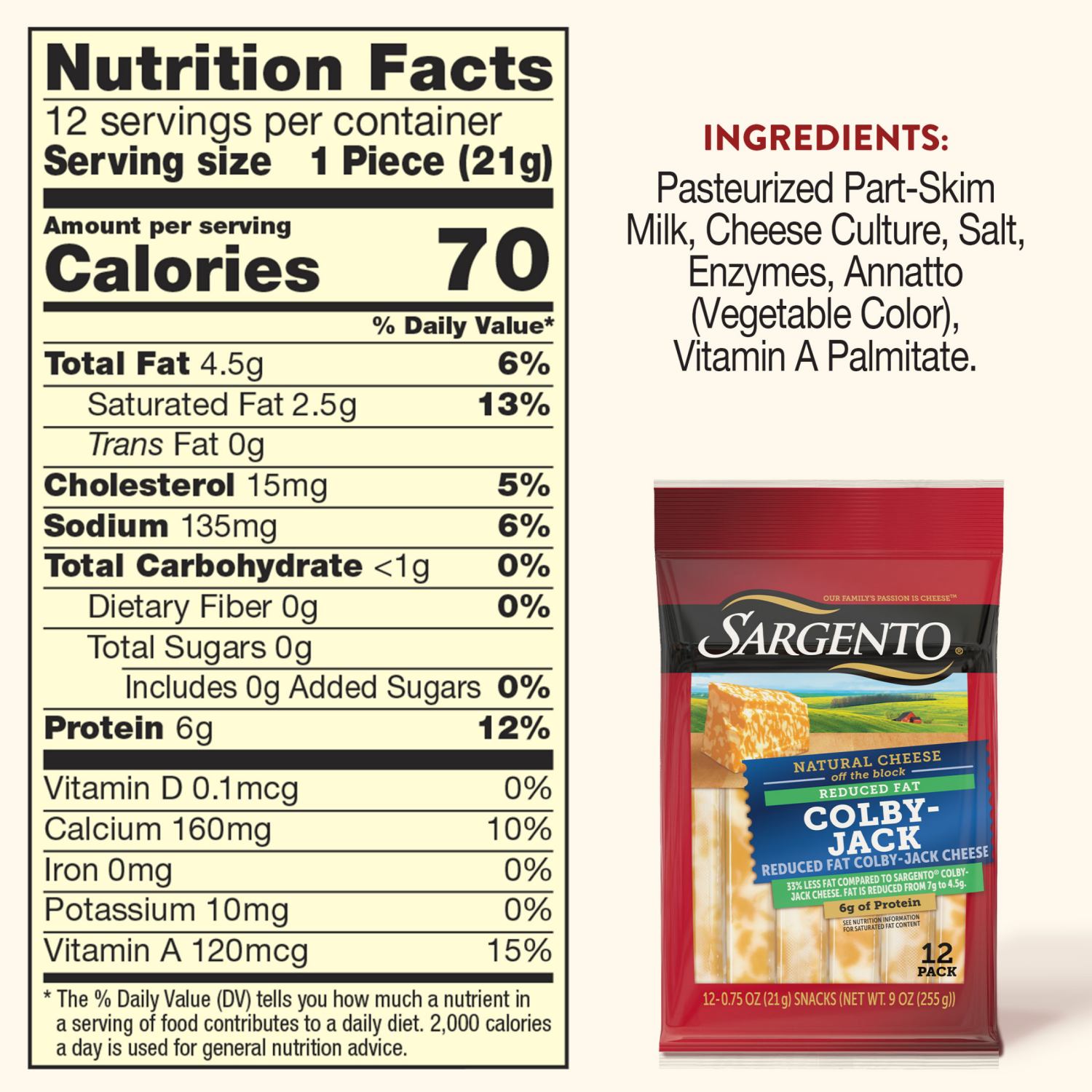 slide 4 of 8, Sargento Reduced Fat Colby-Jack Natural Cheese Snack Sticks, 12-Count, 12 ct