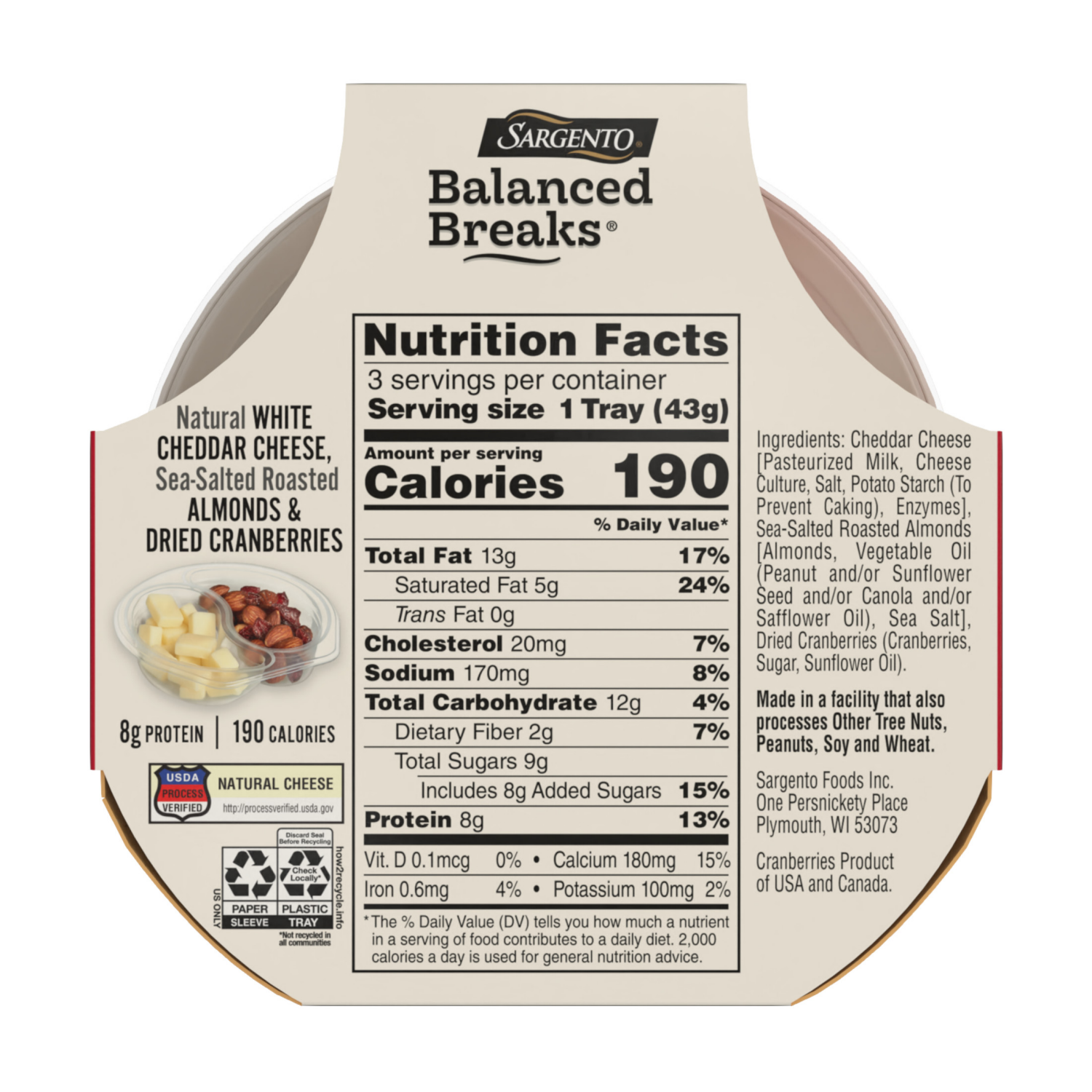 slide 3 of 8, Sargento Balanced Breaks Snacks Natural White Cheddar Cheese, Sea-Salted Roasted Almonds and Dried Cranberries, 3-Pack, 3 ct