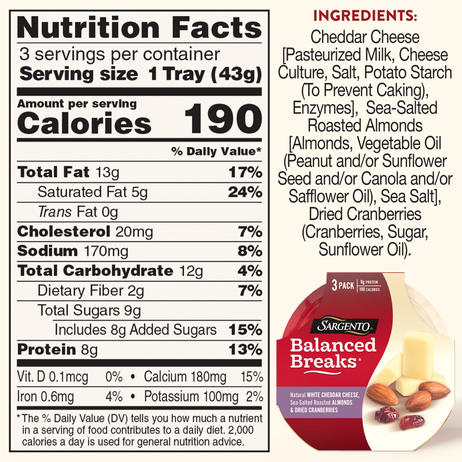 slide 4 of 8, Sargento Balanced Breaks Snacks Natural White Cheddar Cheese, Sea-Salted Roasted Almonds and Dried Cranberries, 3-Pack, 3 ct