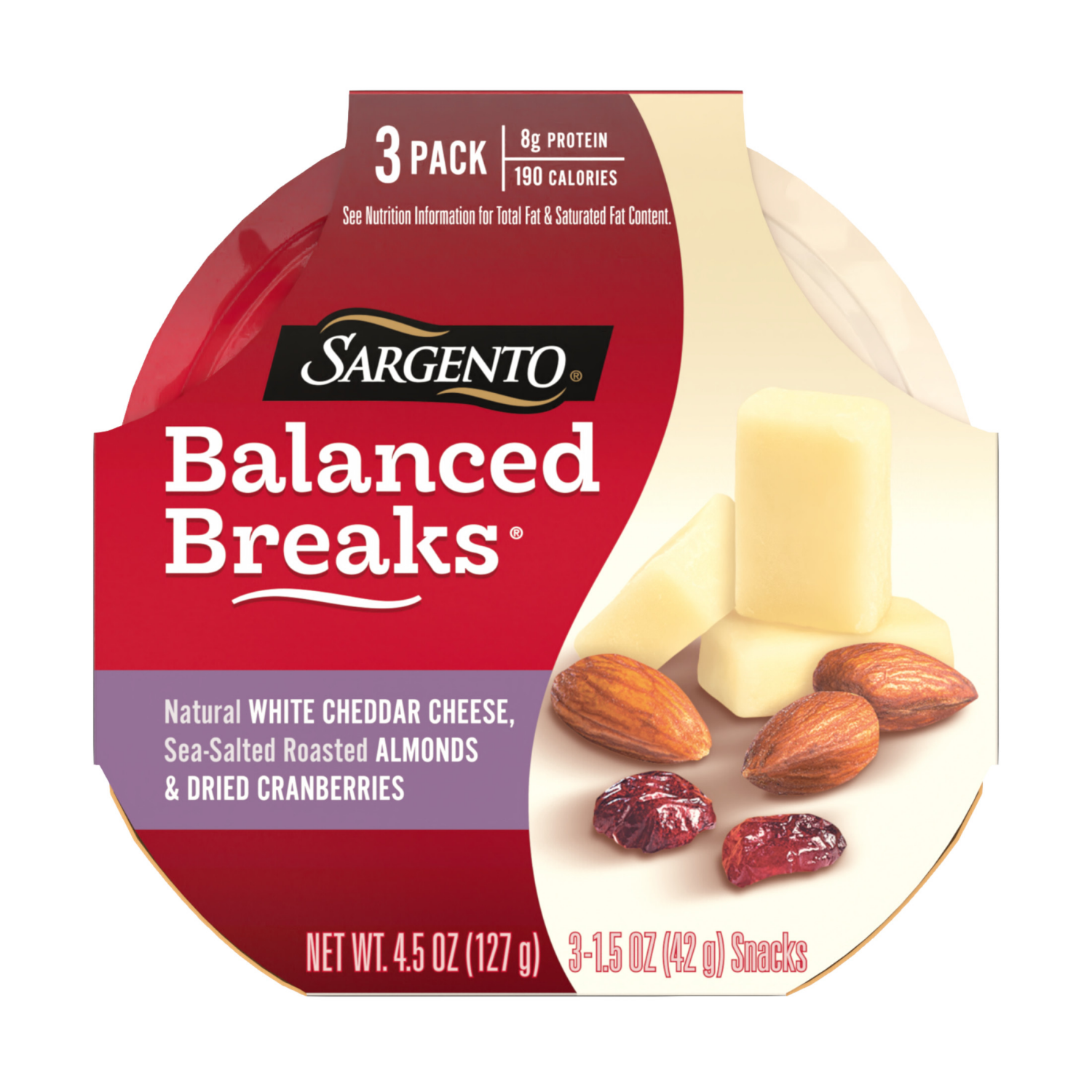 slide 1 of 8, Sargento Balanced Breaks Snacks Natural White Cheddar Cheese, Sea-Salted Roasted Almonds and Dried Cranberries, 3-Pack, 3 ct