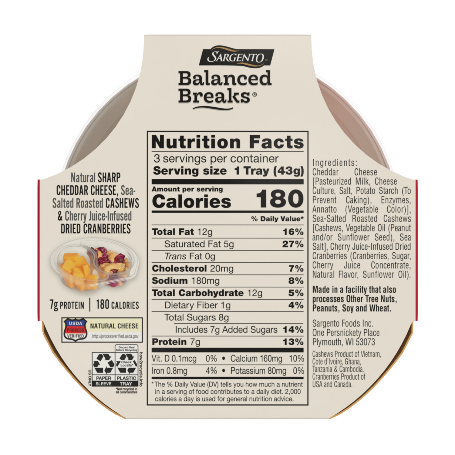 slide 3 of 8, Sargento Balanced Breaks Natural Sharp Cheddar Cheese, Sea-Salted Cashews and Cherry Juice-Infused Dried Cranberries, 3-Pack, 3 ct