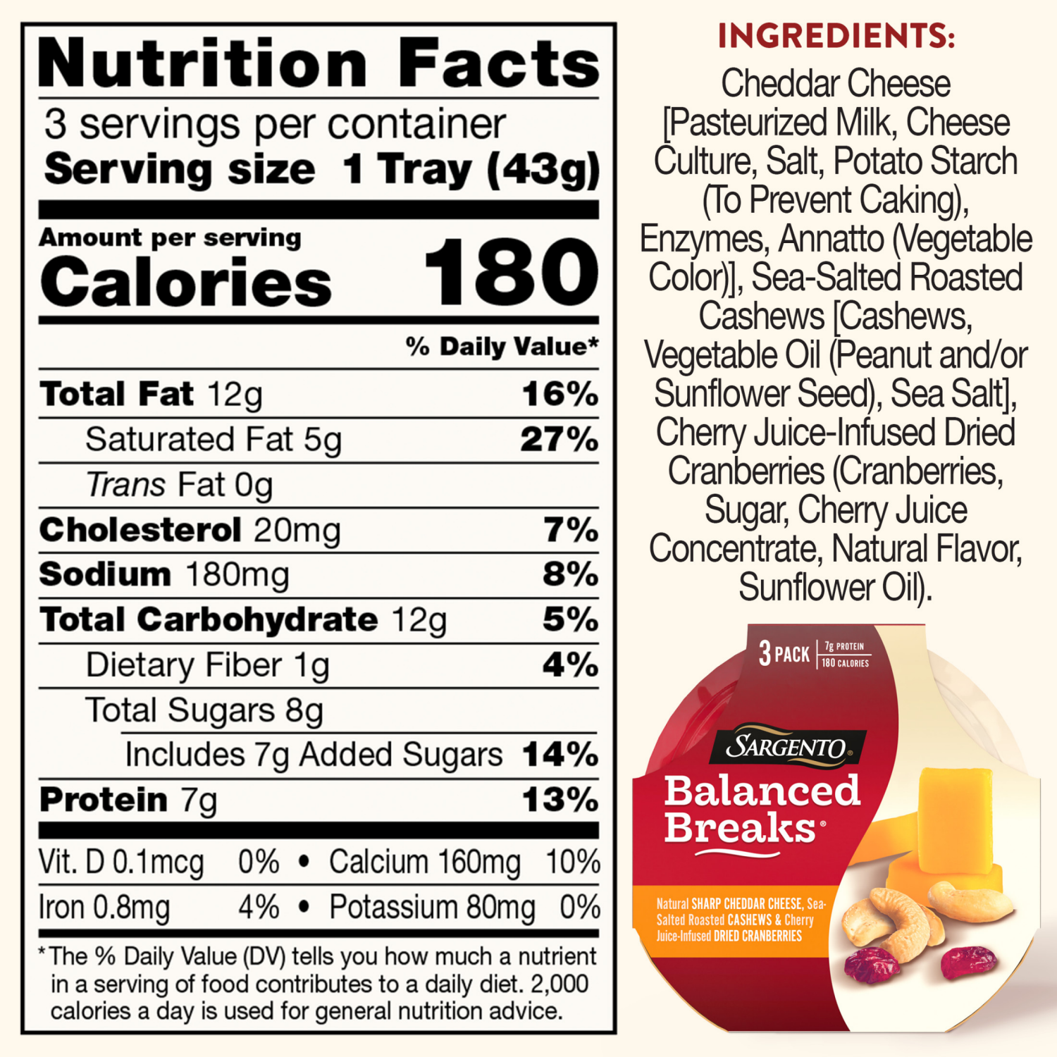 slide 4 of 8, Sargento Balanced Breaks Natural Sharp Cheddar Cheese, Sea-Salted Cashews and Cherry Juice-Infused Dried Cranberries, 3-Pack, 3 ct