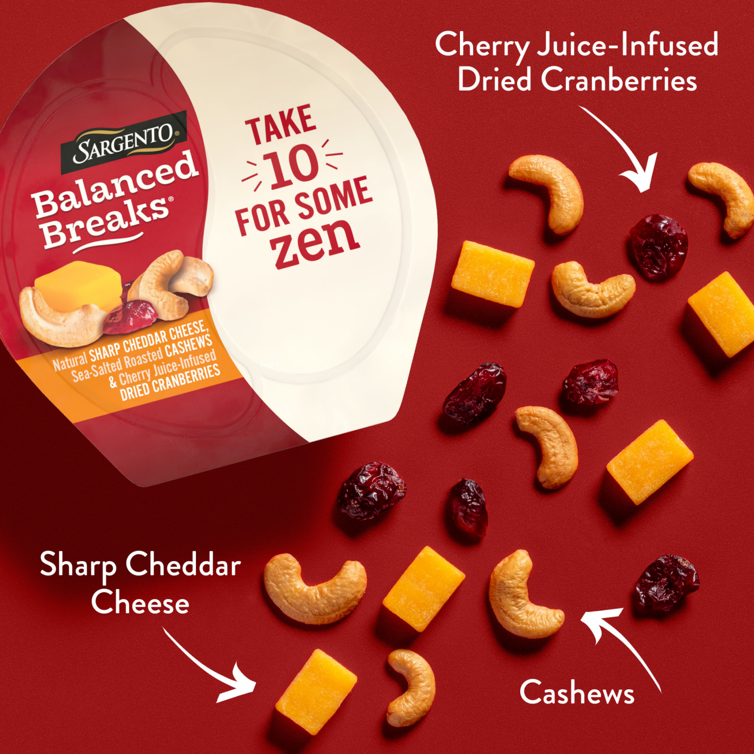 slide 7 of 8, Sargento Balanced Breaks Natural Sharp Cheddar Cheese, Sea-Salted Cashews and Cherry Juice-Infused Dried Cranberries, 3-Pack, 3 ct