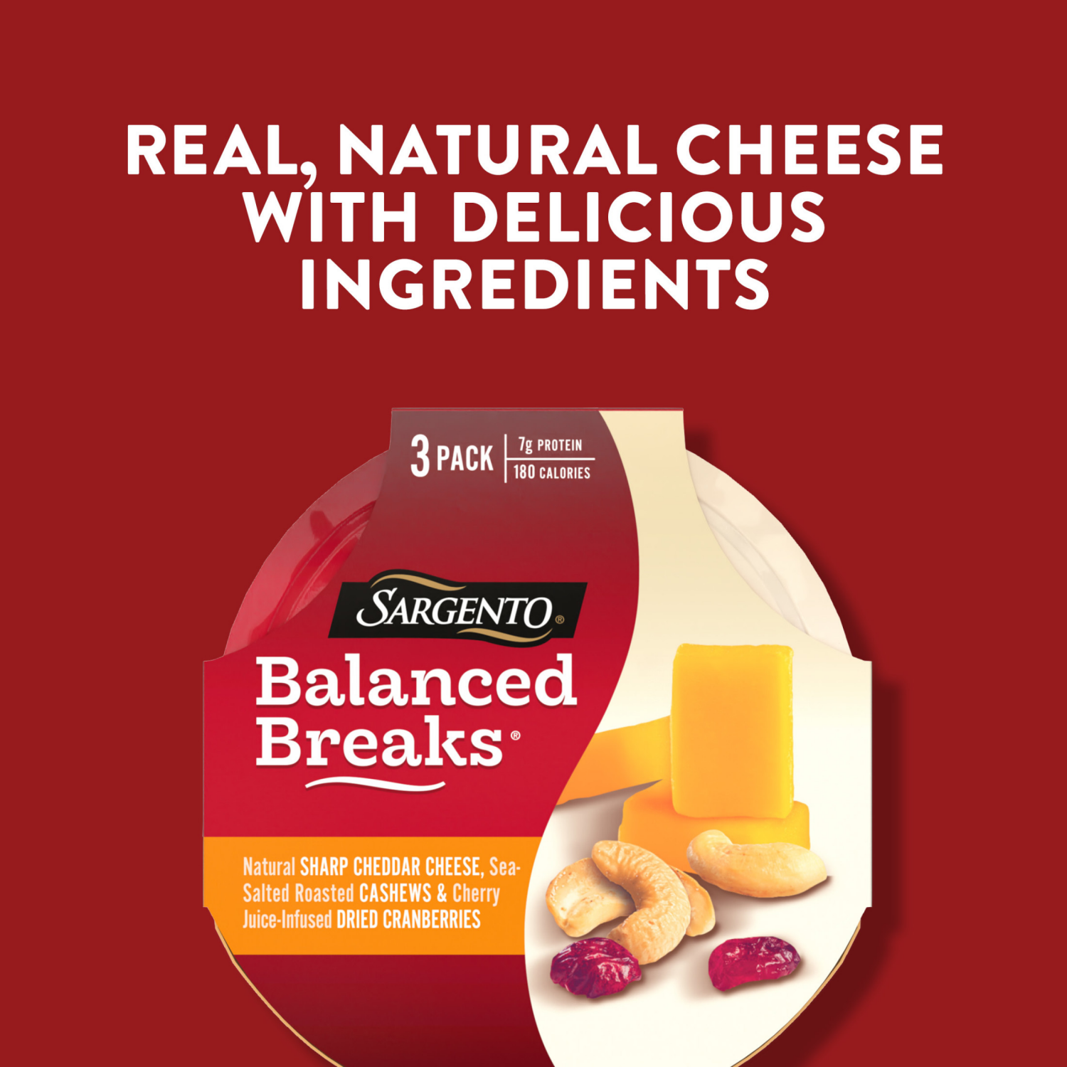 slide 8 of 8, Sargento Balanced Breaks Natural Sharp Cheddar Cheese, Sea-Salted Cashews and Cherry Juice-Infused Dried Cranberries, 3-Pack, 3 ct
