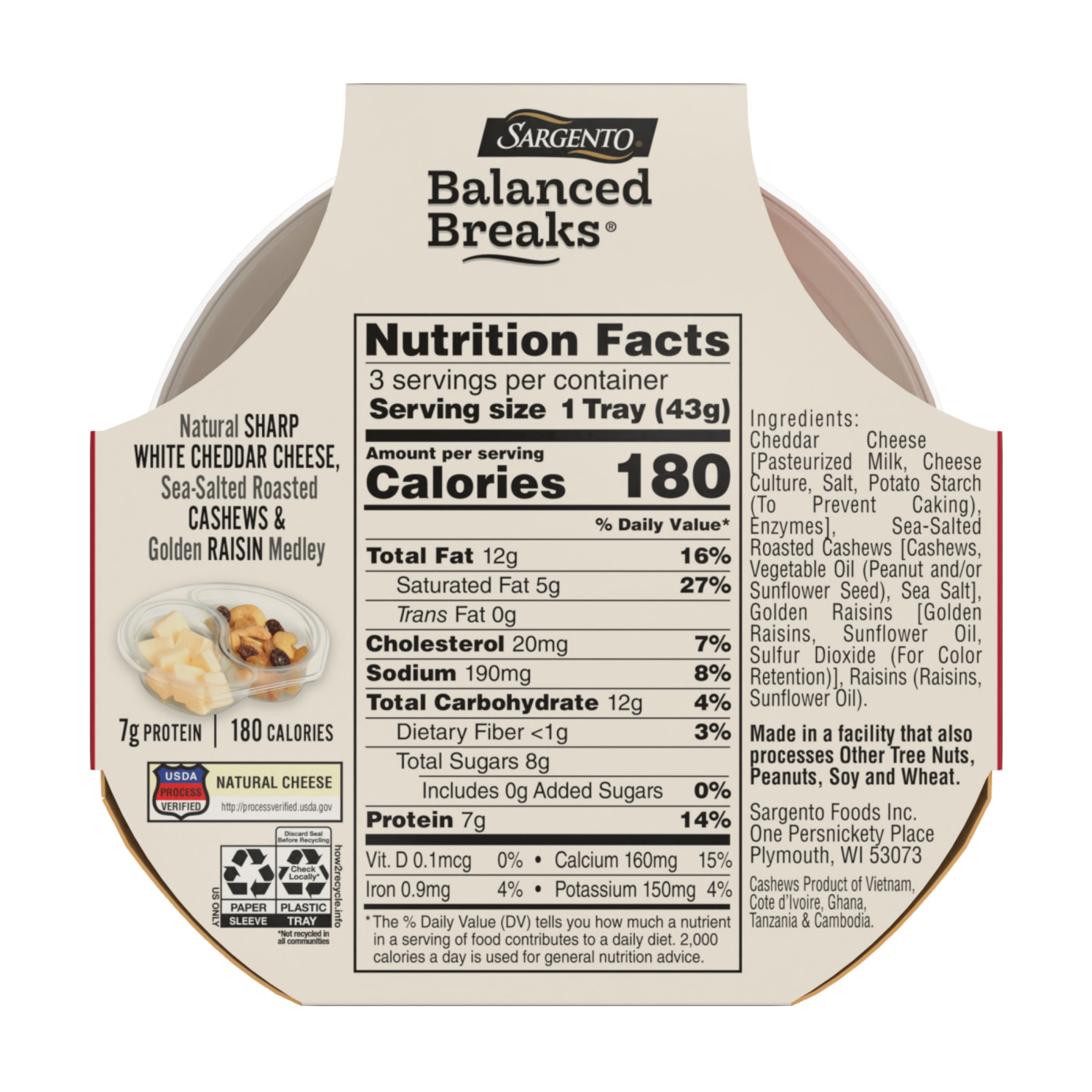 slide 3 of 8, Sargento Balanced Breaks Natural Sharp White Cheddar Cheese, Sea-Salted Cashews and Golden Raisin Medley, 3-Pack, 3 ct