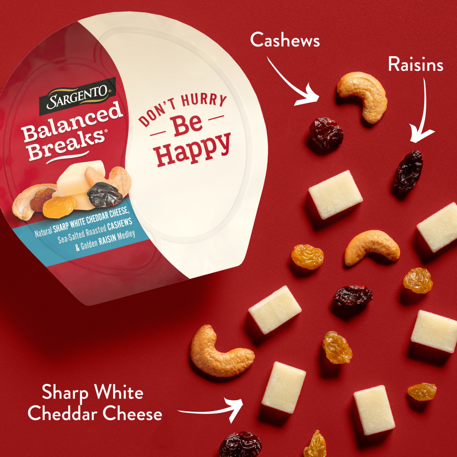 slide 7 of 8, Sargento Balanced Breaks Natural Sharp White Cheddar Cheese, Sea-Salted Cashews and Golden Raisin Medley, 3-Pack, 3 ct