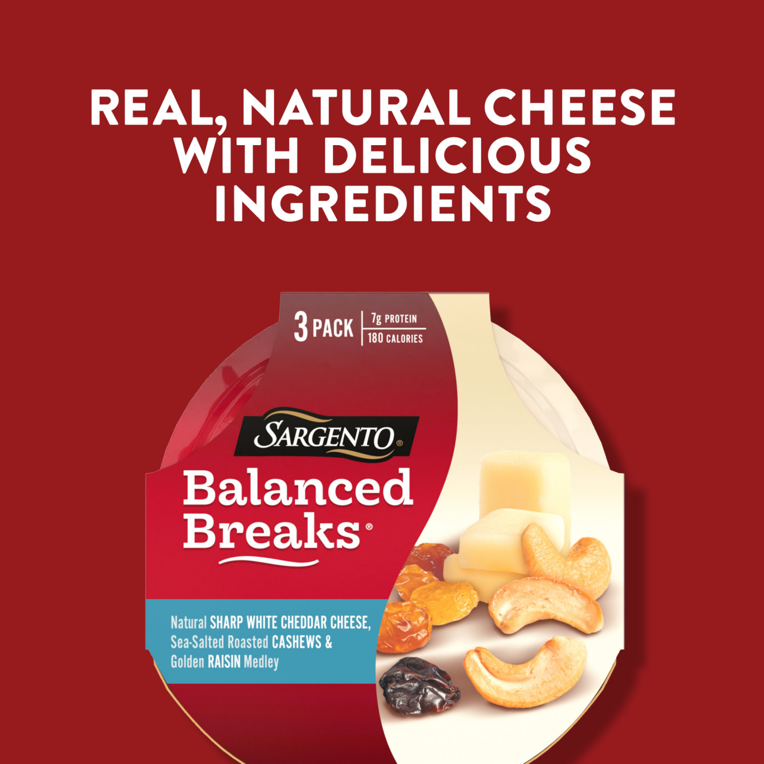 slide 8 of 8, Sargento Balanced Breaks Natural Sharp White Cheddar Cheese, Sea-Salted Cashews and Golden Raisin Medley, 3-Pack, 3 ct