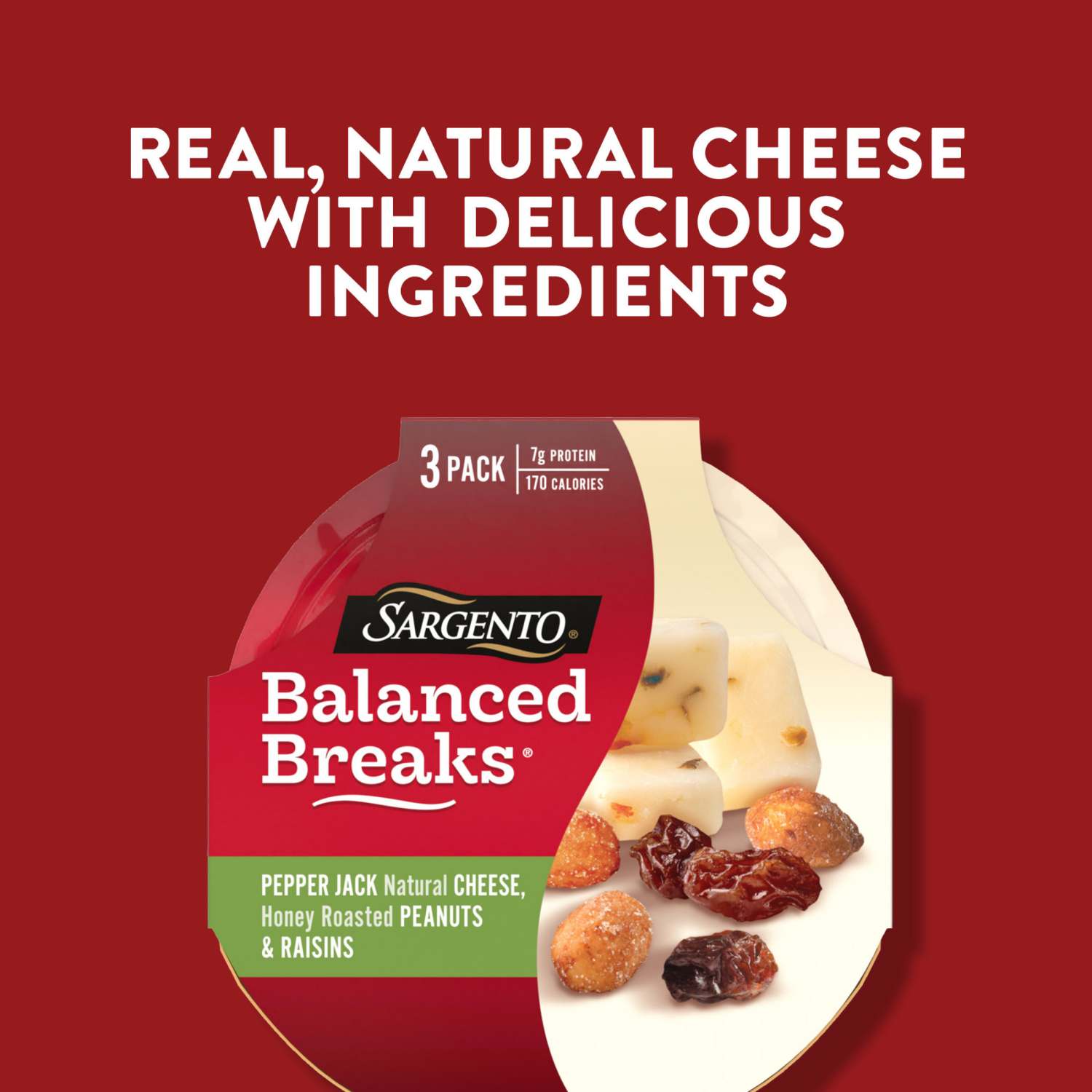 slide 5 of 5, Sargento Balanced Breaks Pepper Jack Natural Cheese, Honey Roasted Peanuts and Raisins, 3-Pack, 3 ct