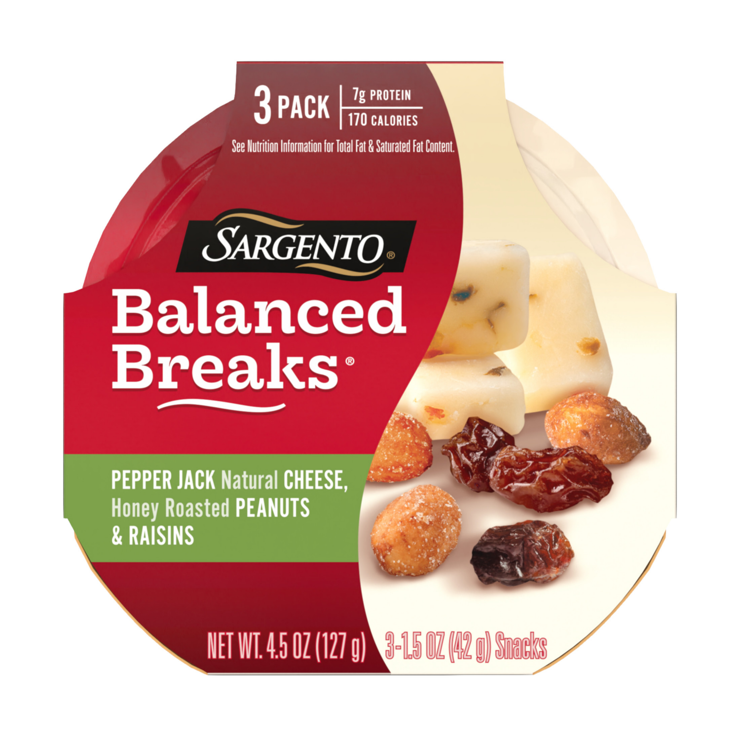 slide 1 of 5, Sargento Balanced Breaks Pepper Jack Natural Cheese, Honey Roasted Peanuts and Raisins, 3-Pack, 3 ct