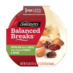 Sargento Balanced Breaks Pepper Jack Natural Cheese, Honey Roasted Peanuts and Raisins, 3-Pack
