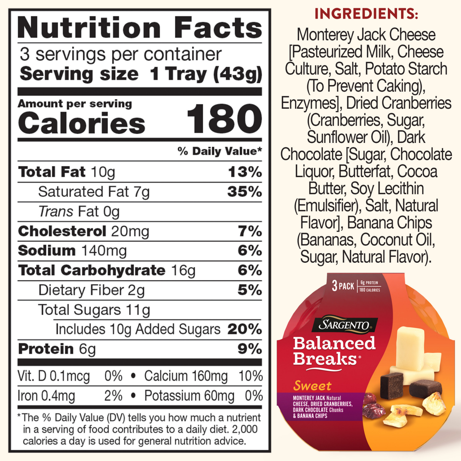 slide 4 of 8, Sargento Sweet Balanced Breaks Monterey Jack Natural Cheese, Dried Cranberries, Dark Chocolate Chunks & Banana Chips, 3-Pack, 3 ct
