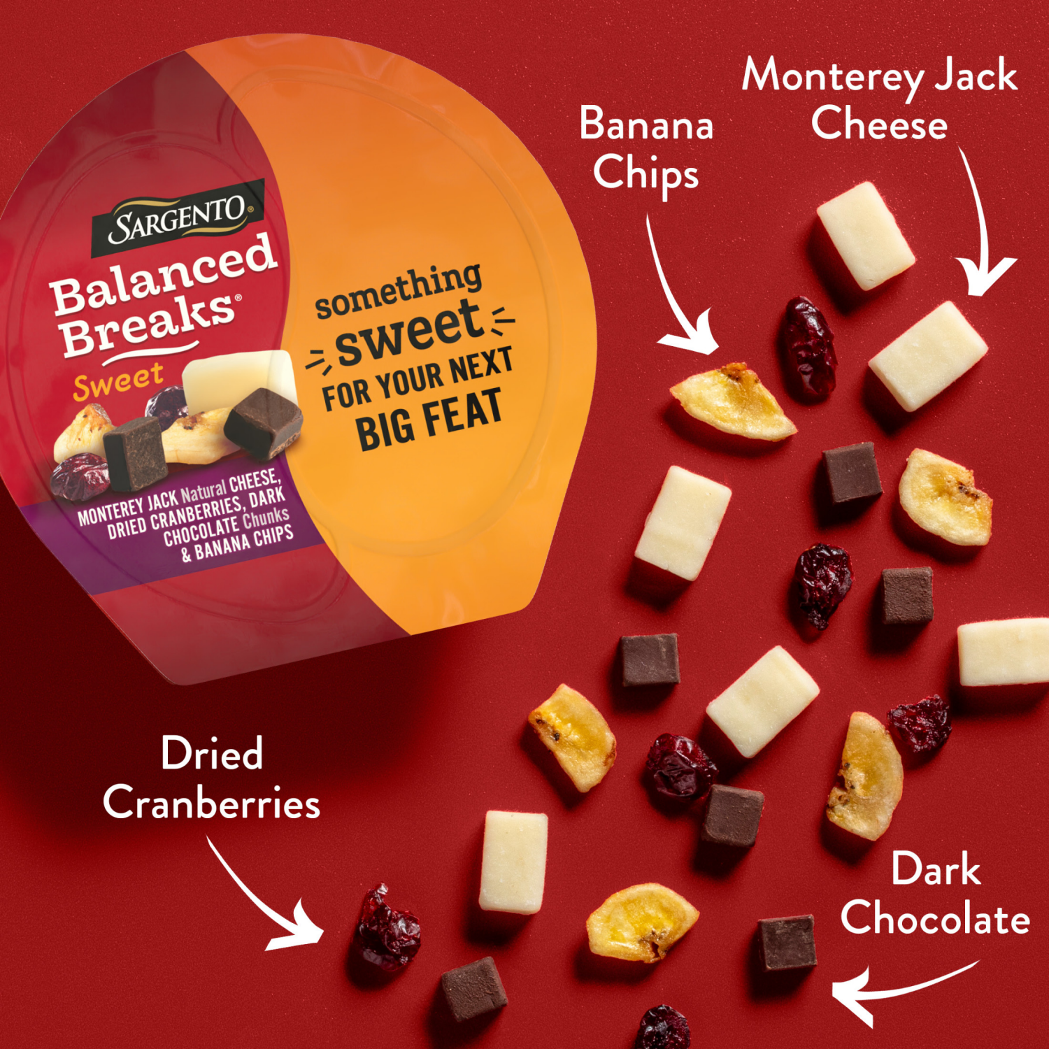 slide 7 of 8, Sargento Sweet Balanced Breaks Monterey Jack Natural Cheese, Dried Cranberries, Dark Chocolate Chunks & Banana Chips, 3-Pack, 3 ct
