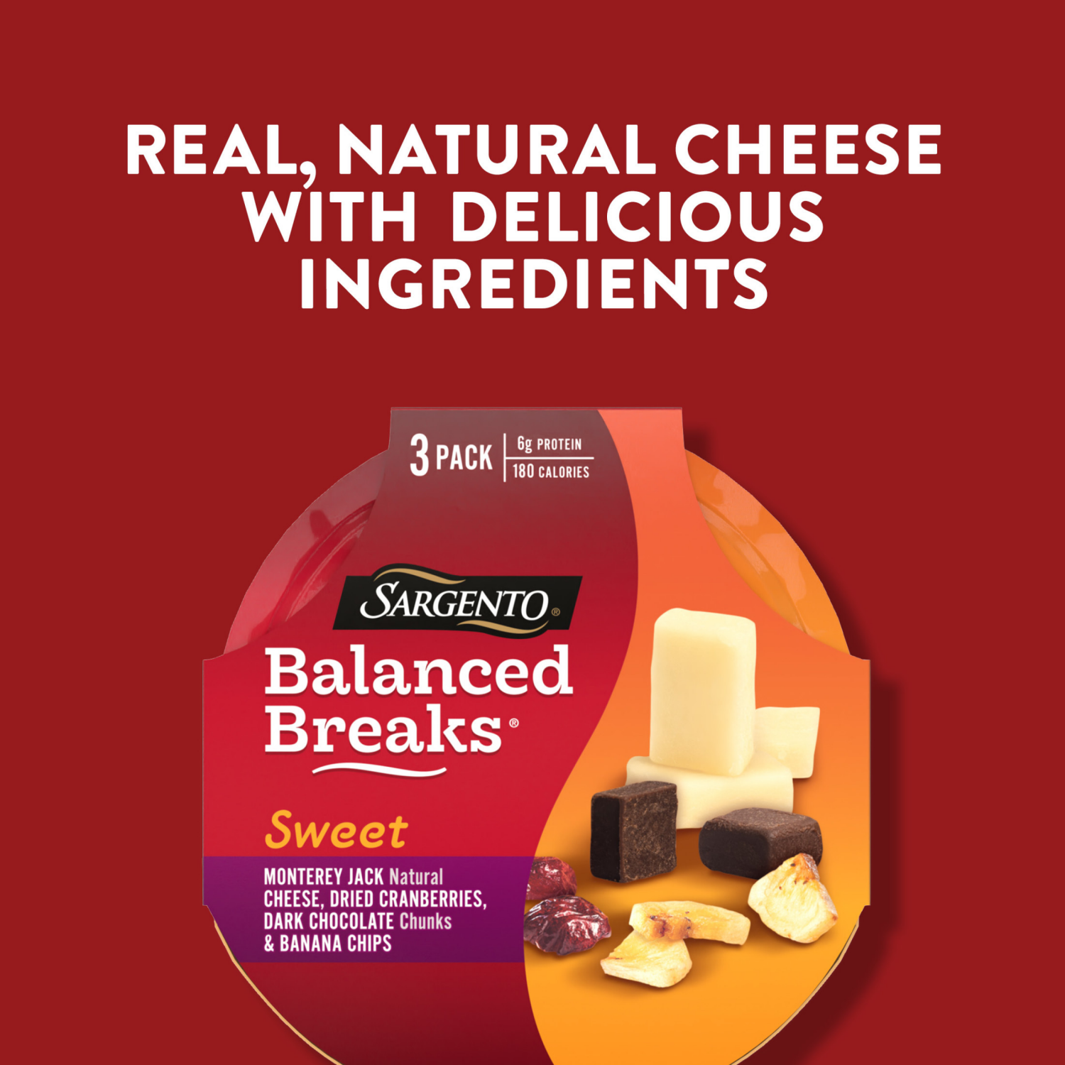slide 8 of 8, Sargento Sweet Balanced Breaks Monterey Jack Natural Cheese, Dried Cranberries, Dark Chocolate Chunks & Banana Chips, 3-Pack, 3 ct
