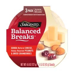 Sargento Balanced Breaks Gouda Natural Cheese, Honey Roasted Peanuts and Dried Cranberries, 3-Pack