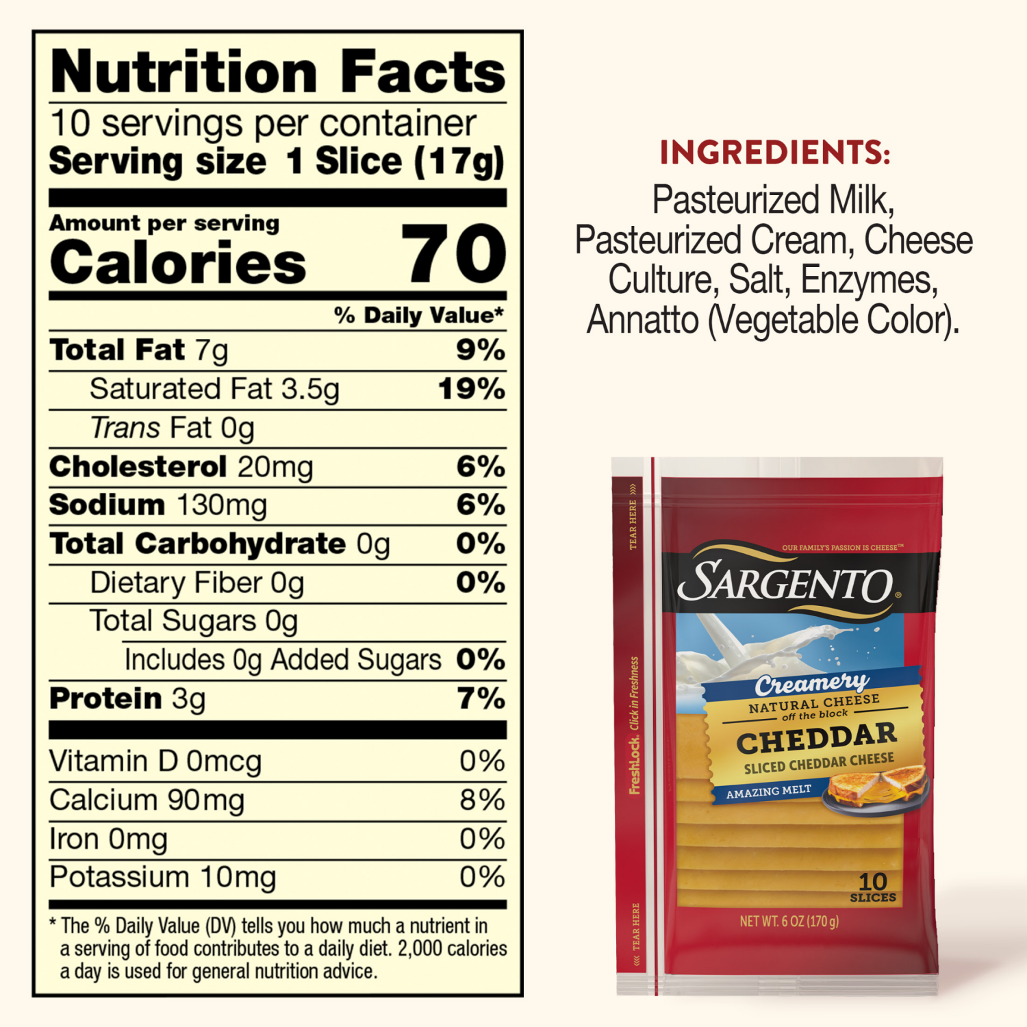 slide 8 of 8, Sargento Creamery Sliced Natural Cheddar Cheese, 10 slices, 10 ct