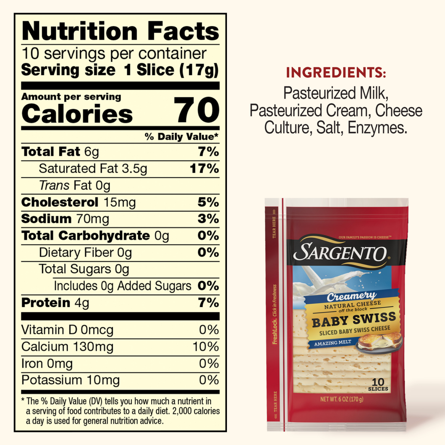 slide 8 of 8, Sargento Creamery Sliced Baby Swiss Natural Cheese, 10 slices, 10 ct