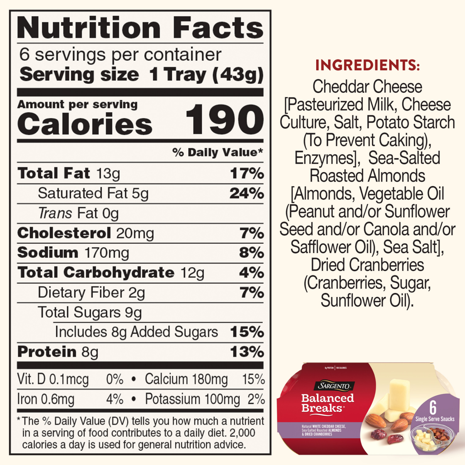 slide 2 of 5, Sargento Balanced Breaks Natural White Cheddar Cheese, Sea-Salted Roasted Almonds, Dried Cranberries, 6-Pack, 6 ct