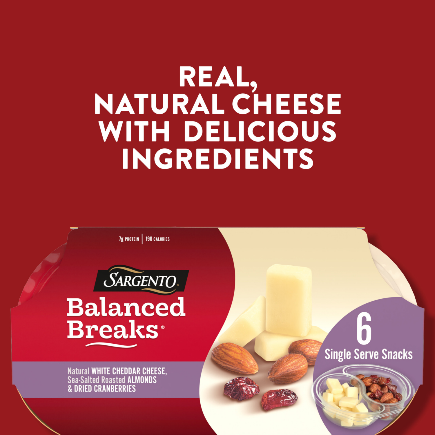 slide 5 of 5, Sargento Balanced Breaks Natural White Cheddar Cheese, Sea-Salted Roasted Almonds, Dried Cranberries, 6-Pack, 6 ct