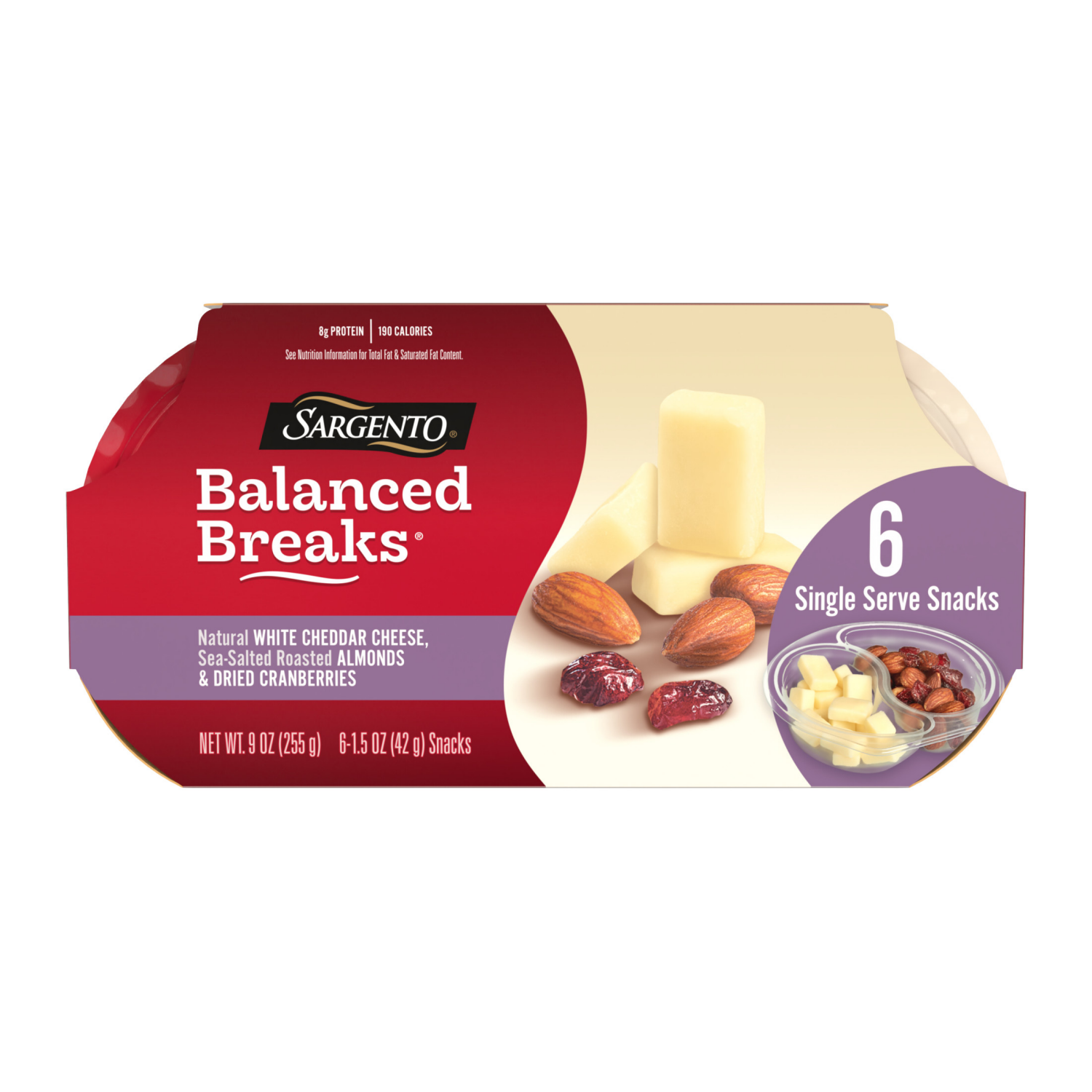 slide 1 of 5, Sargento Balanced Breaks Natural White Cheddar Cheese, Sea-Salted Roasted Almonds, Dried Cranberries, 6-Pack, 6 ct