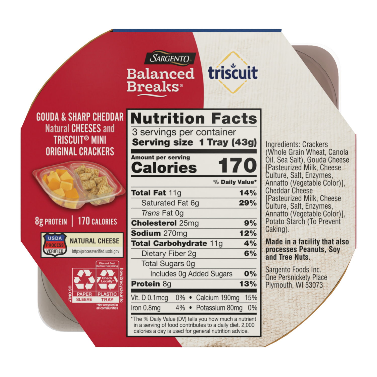 slide 3 of 8, Sargento Balanced Breaks Cheese & Crackers, Gouda & Sharp Cheddar Natural Cheeses and TRISCUIT Mini Original Crackers Snack Kit, 3-Pack, 4.5 oz