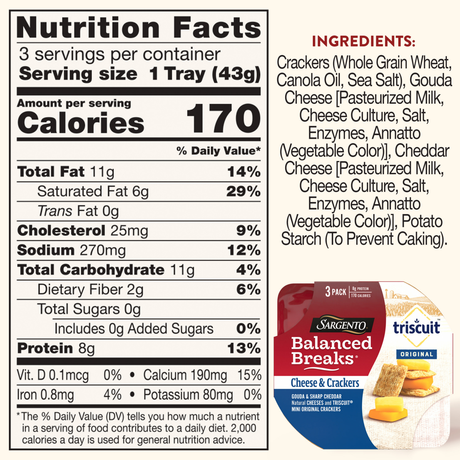 slide 4 of 8, Sargento Balanced Breaks Cheese & Crackers, Gouda & Sharp Cheddar Natural Cheeses and TRISCUIT Mini Original Crackers Snack Kit, 3-Pack, 4.5 oz