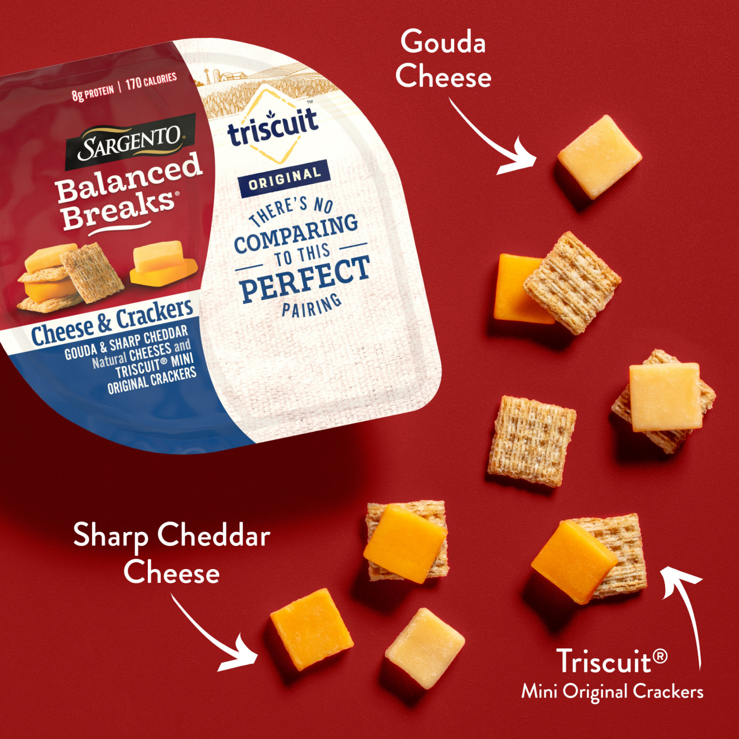 slide 7 of 8, Sargento Balanced Breaks Cheese & Crackers, Gouda & Sharp Cheddar Natural Cheeses and TRISCUIT Mini Original Crackers Snack Kit, 3-Pack, 4.5 oz