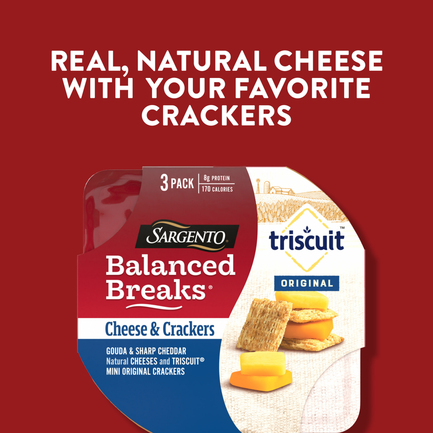 slide 8 of 8, Sargento Balanced Breaks Cheese & Crackers, Gouda & Sharp Cheddar Natural Cheeses and TRISCUIT Mini Original Crackers Snack Kit, 3-Pack, 4.5 oz