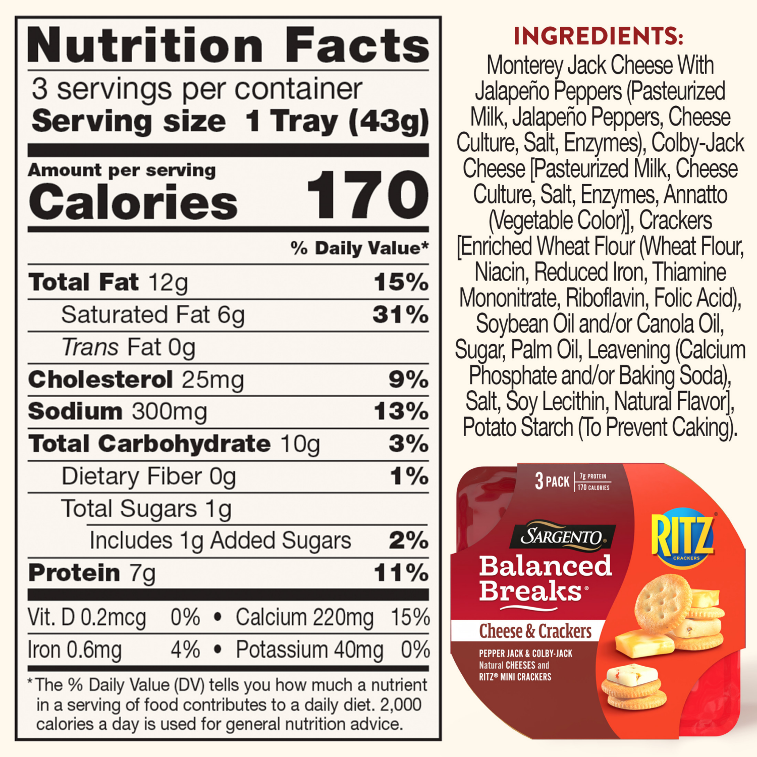 slide 4 of 8, Sargento Cheese & Crackers Pepper Jack & Colby-Jack/Ritz Crackers Balanced Breaks 3 - 1.5 oz Snacks, 3 ct