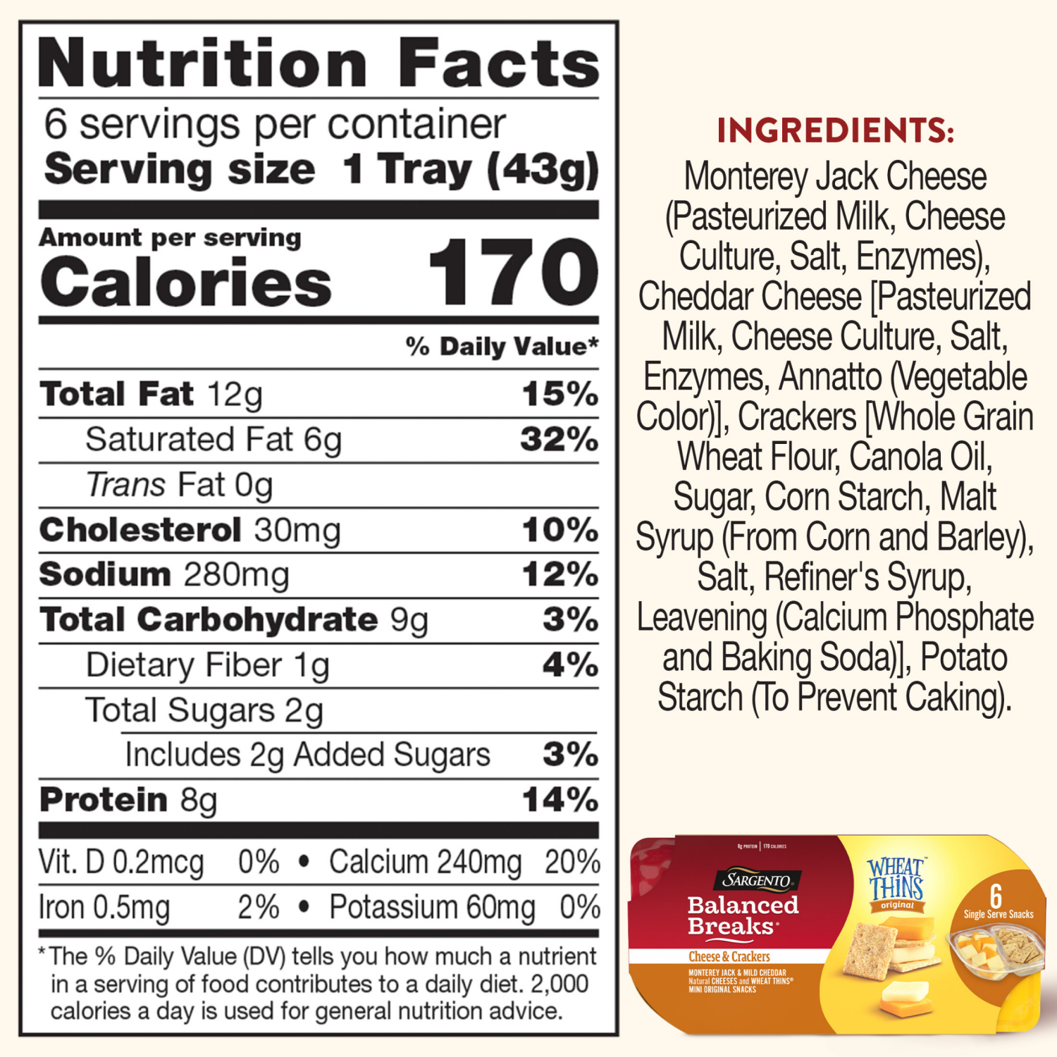 slide 4 of 8, Sargento Balanced Breaks Cheese & Crackers, Natural Monterey Jack & Mild Cheddar Cheese and WHEAT THINS Mini Original Snacks Snack Kit, 6-Pack, 6 ct