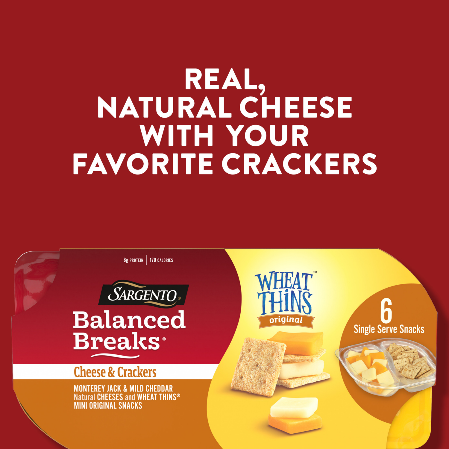 slide 8 of 8, Sargento Balanced Breaks Cheese & Crackers, Natural Monterey Jack & Mild Cheddar Cheese and WHEAT THINS Mini Original Snacks Snack Kit, 6-Pack, 6 ct