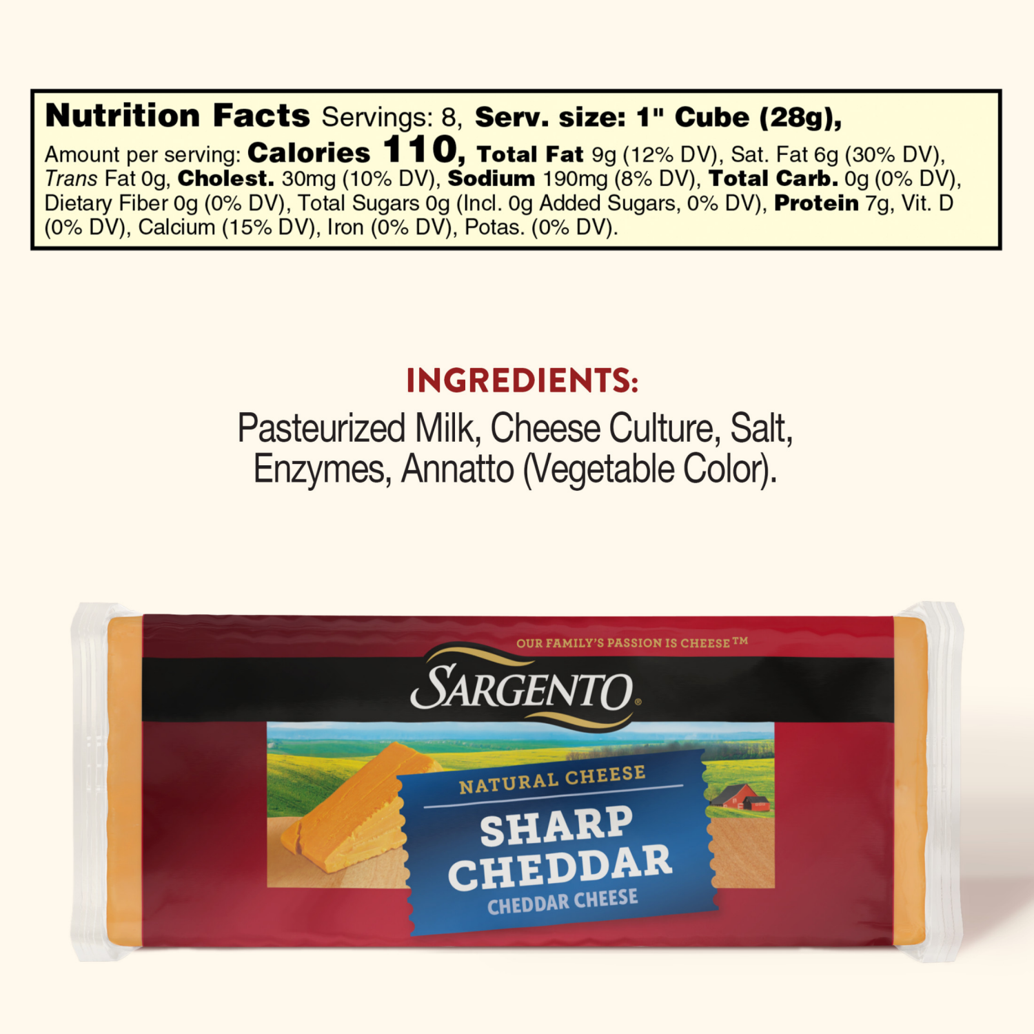slide 8 of 8, Sargento Sharp Cheddar Natural Cheese, 8 oz., 7 oz